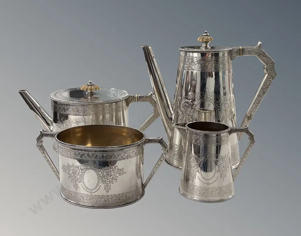 Sterling Silver Teapot, Coffee Pot, Creamer and Sugar, Birmingham 1872 (loose handles) TW2393gms Image 1++