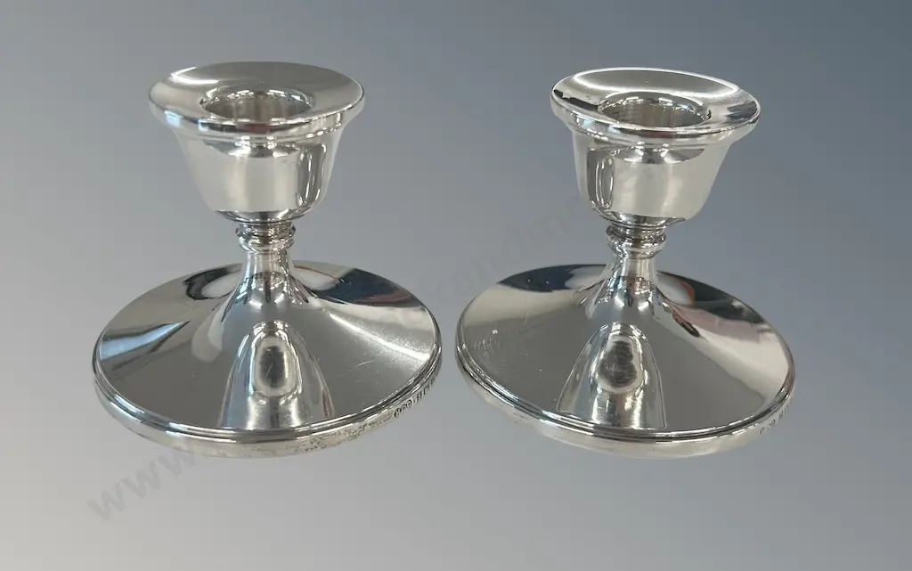 Pair of Sterling Silver Candlesticks - weighted base, H6.5cm, TW225gms  Image 1++