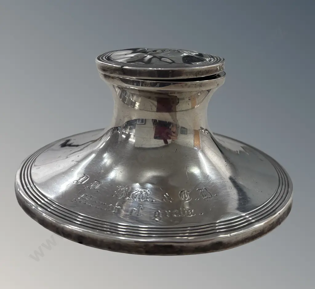 Sterling Silver Capstan Inkwell  - weighted base, Chester 1908 TW392gms Image 1++