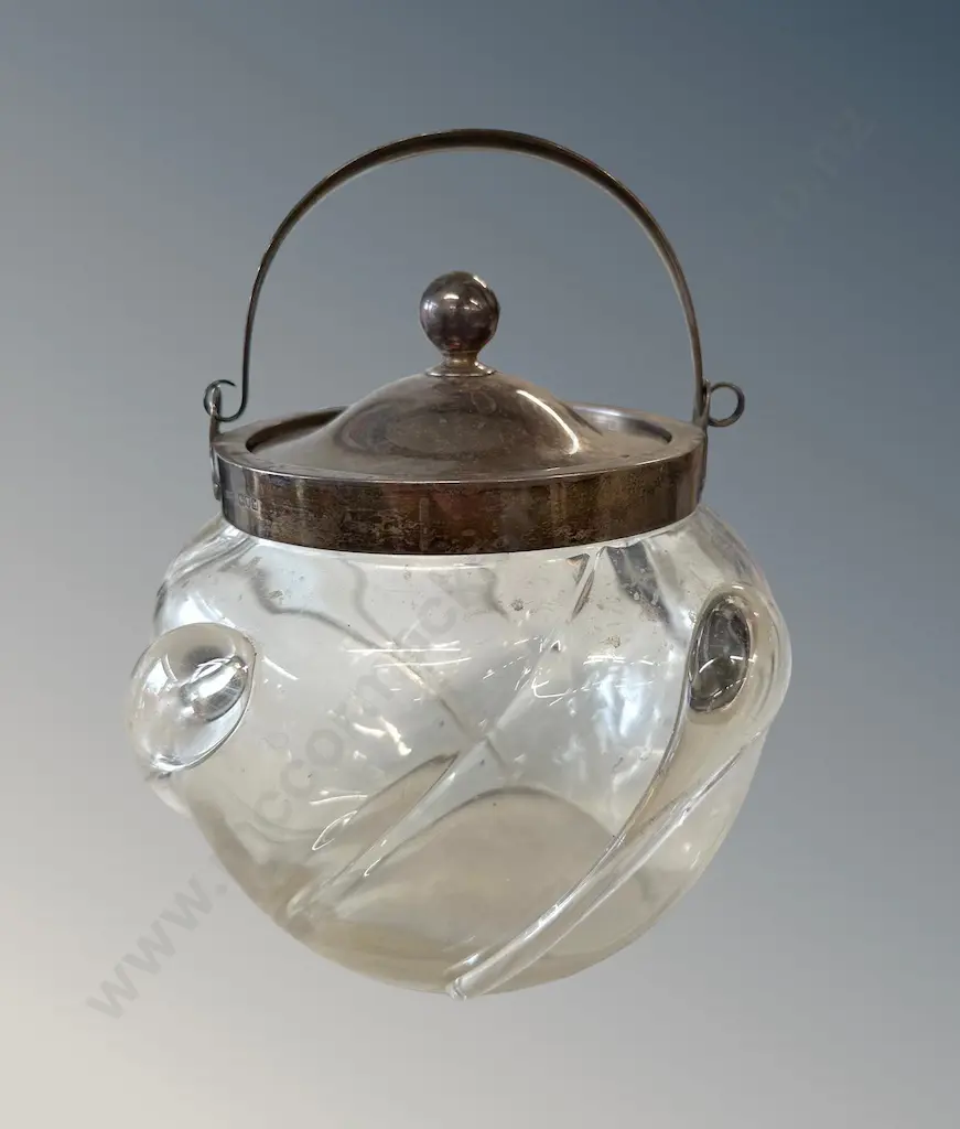 Sterling Silver Mounted and Lidded Swirl Glass Biscuit Barrel H17cm Image 1++