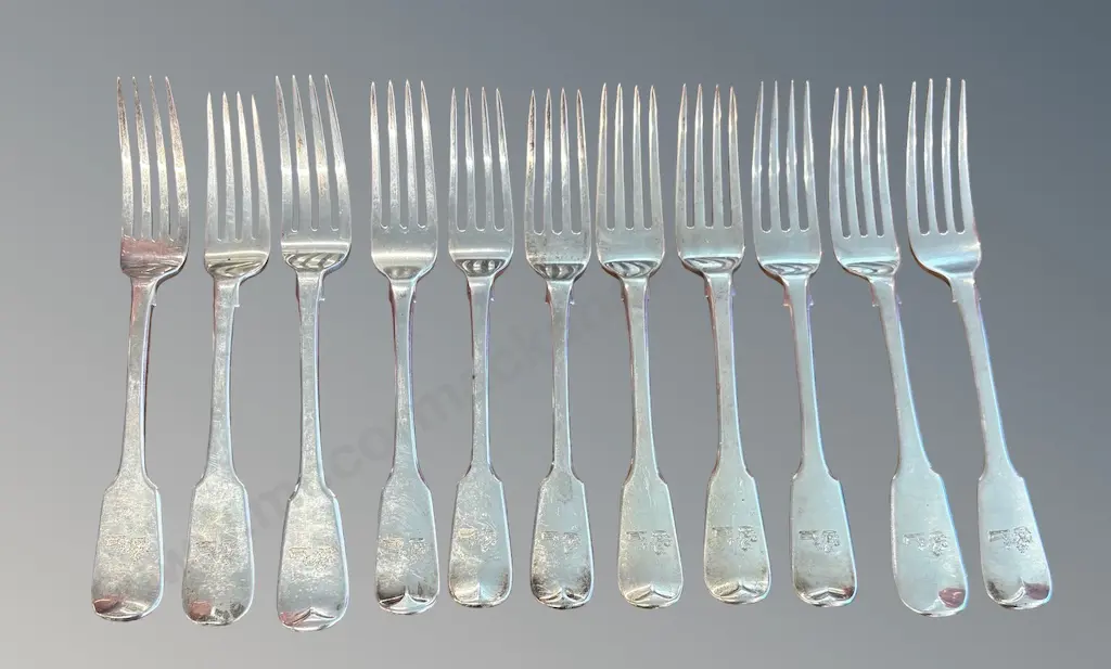 Set of Eleven Sterling Silver Fiddle Back Pattern Large Forks, TW744gms Image 1++