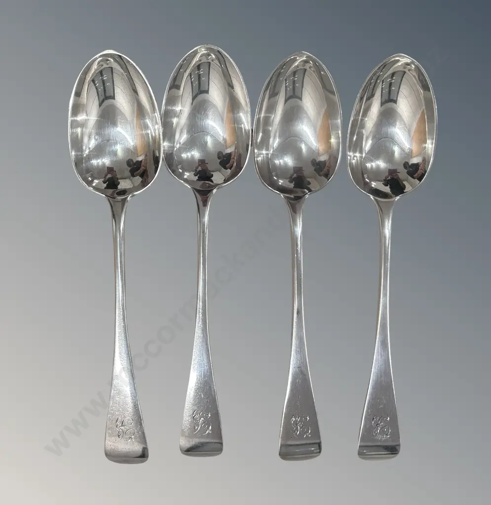 Set of Four Sterling Silver Old English Pattern Spoons, TW308gms Image 1++