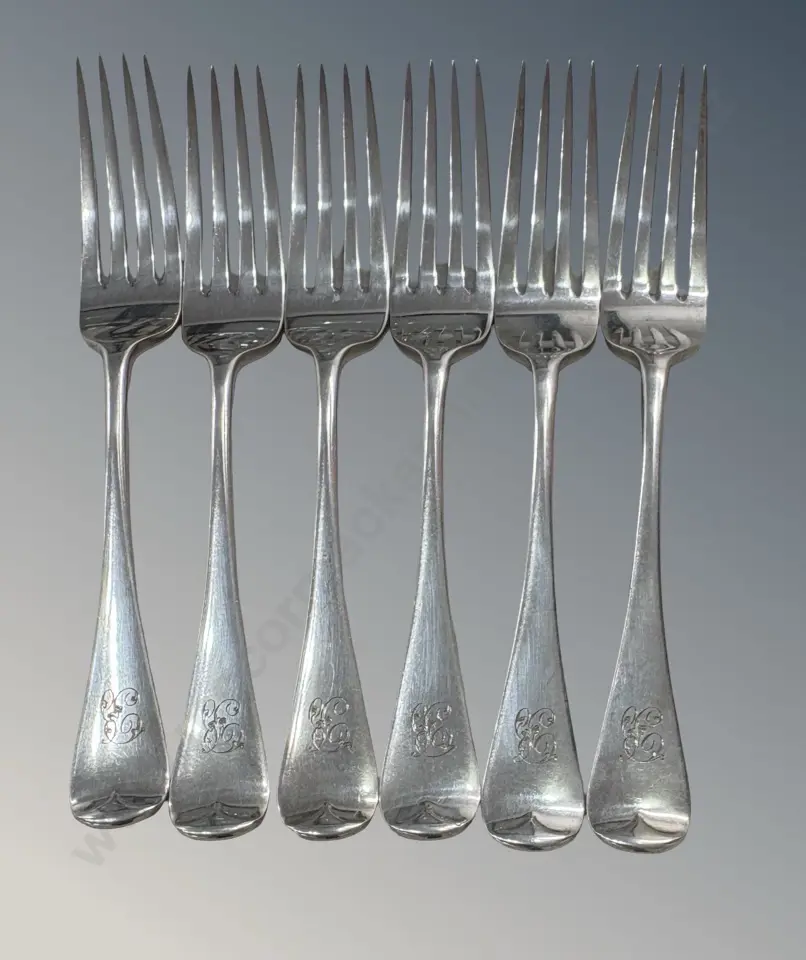 Six Sterling Silver Hanoverian Pattern Forks, London 1914, TW496gms Image 1++