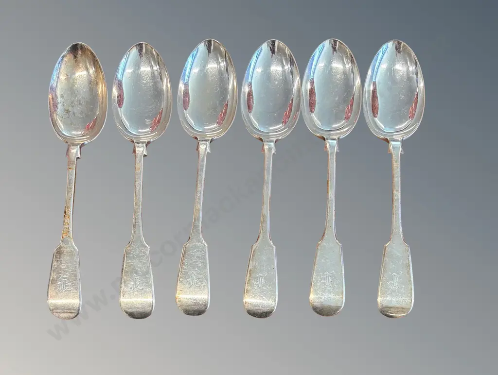 Set of Six Sterling Silver Fiddle Back Pattern Spoons, TW328gms Image 1++