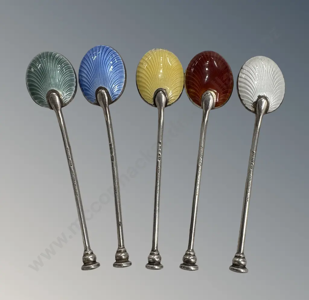Set of Five Sterling Silver and Enamel Coffee Spoons, TW52gms Image 1++