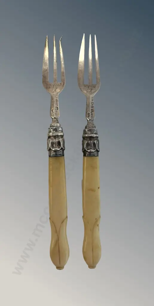 Pair of Sterling Silver and Bone Birmingham 1852, Pickle Forks, TW42gms Image 1++