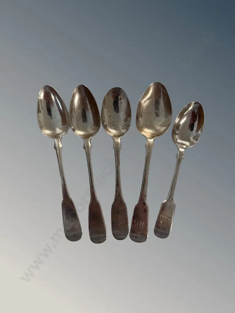 Set of Five Sterling Silver Fiddleback Teaspoons, TW79gms Image 1++