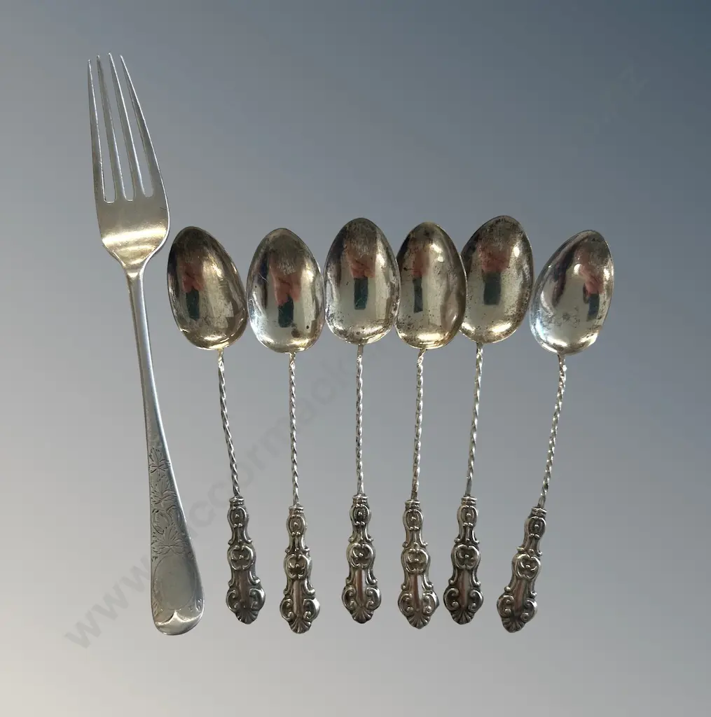 Sterling Silver set of Six Teaspoons and Fork, TW51gms Image 1++