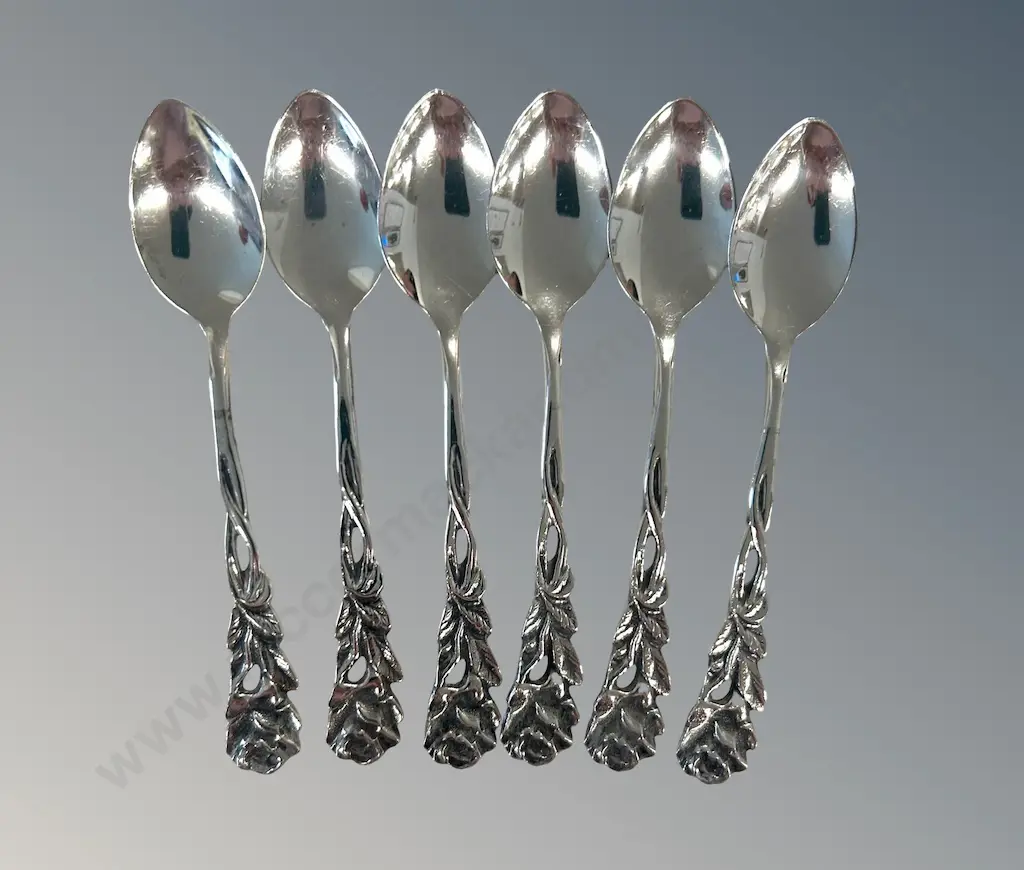 Cased set of Six Sterling Silver Rose Patterned Teaspoons, TW56gms Image 1++