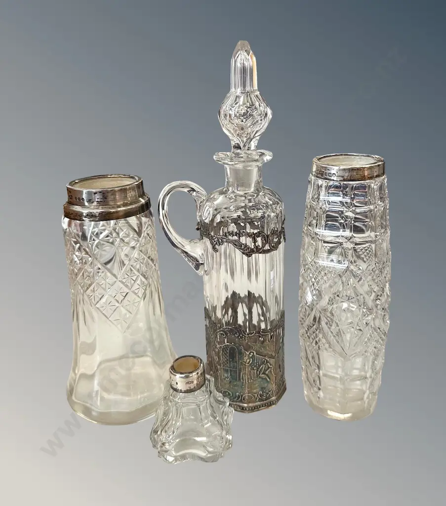 Sterling Silver Mounted Dressing Table Containers and Silver Mounted Vinaigrette, and Stopper Image 1++