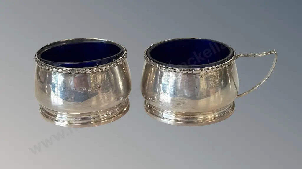 Pair of Sterling Silver Open Salts with Blue Liners, ST SIL TW61gms Image 1++