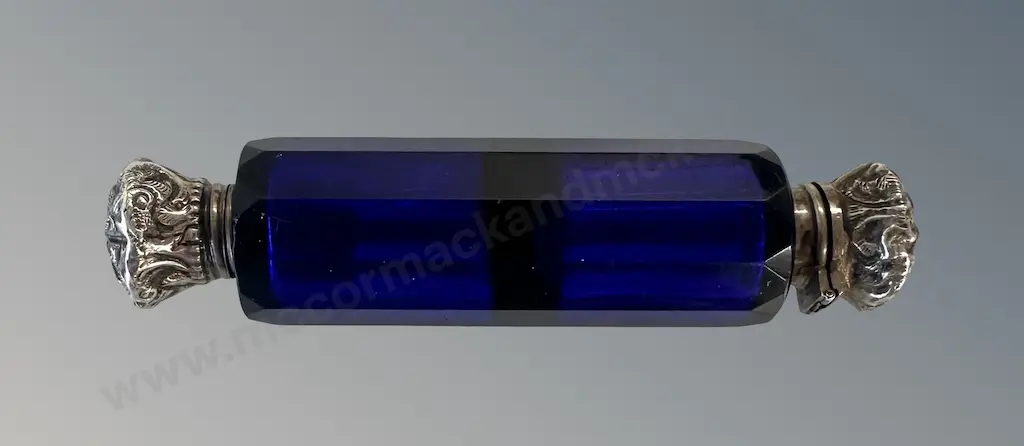 Silver and Cobalt Blue Glass Double Ended Scent Bottle Image 1++