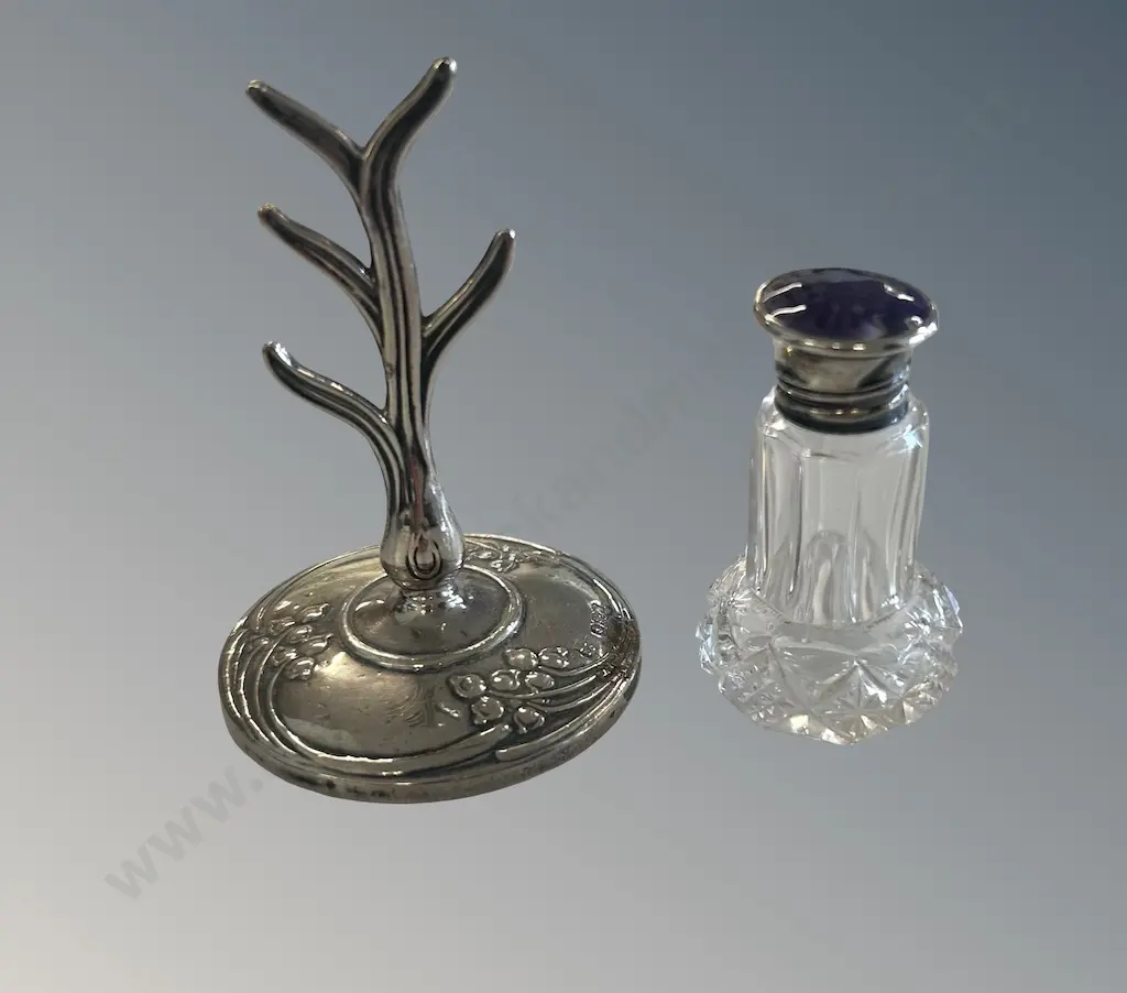 Sterling Silver ring Tree and Sterling Silver and Enamel Scent Bottle (AF) TW57.7gms Image 1++