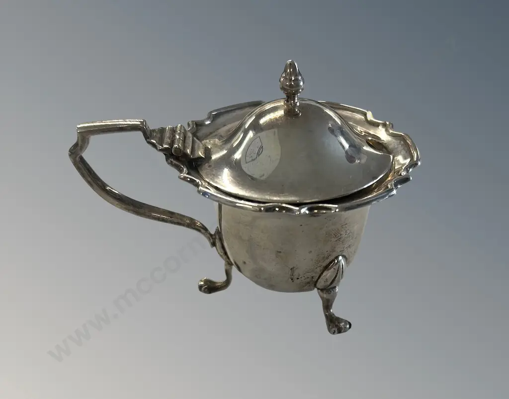 Sterling Silver Footed Mustard Pot with blue liner, ST SIL TW59gms Image 1++