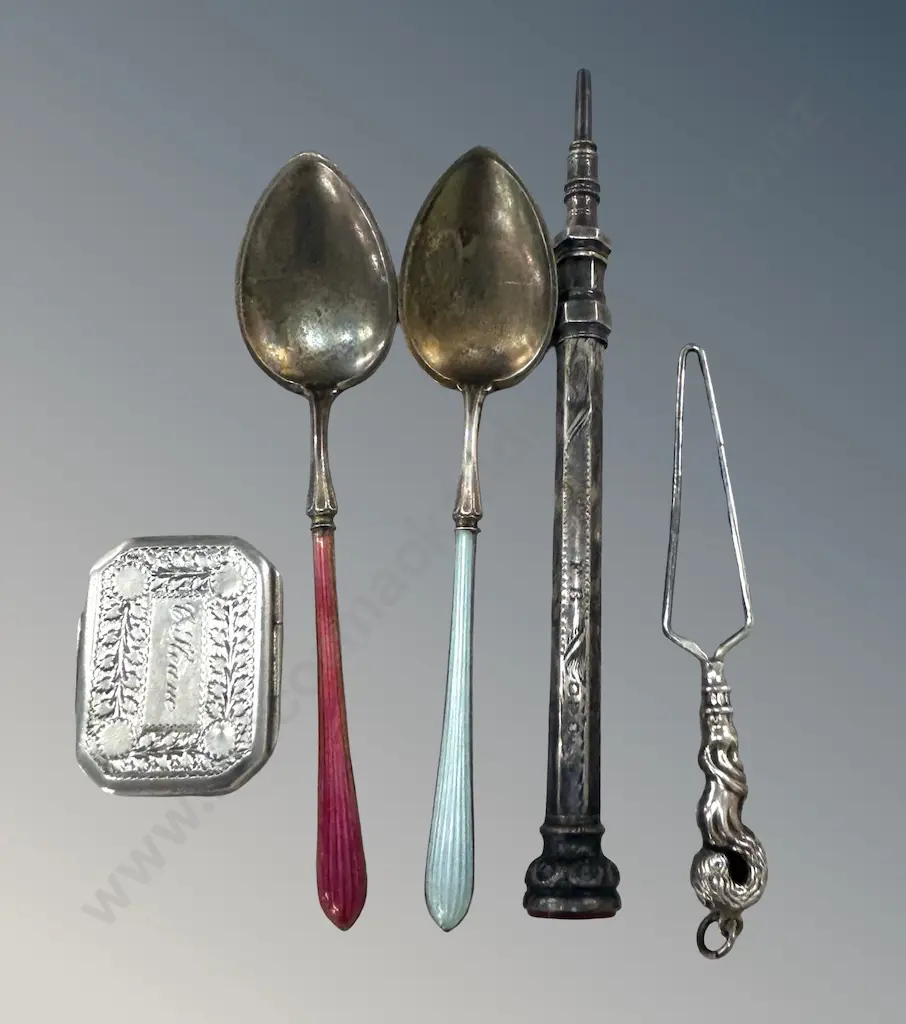 2 Sterling Silver Enamel Teaspoons, Sterling Silver Vinaigrette, Bridge Pencil and Button Hook, TW57.4gms Image 1++