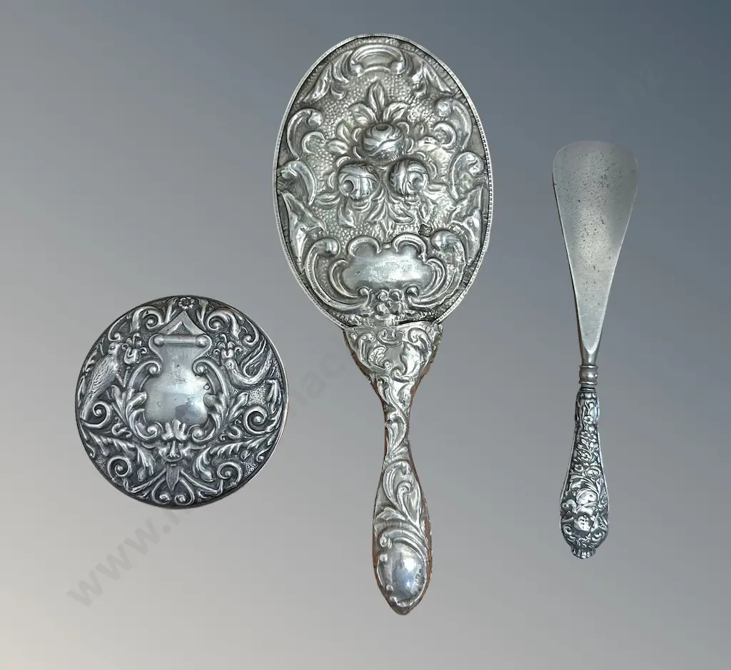 Sterling Silver backed Mirror, Sterling Silver Handled Shoe Horn and Lid, Birmingham, TW358gms Image 1++