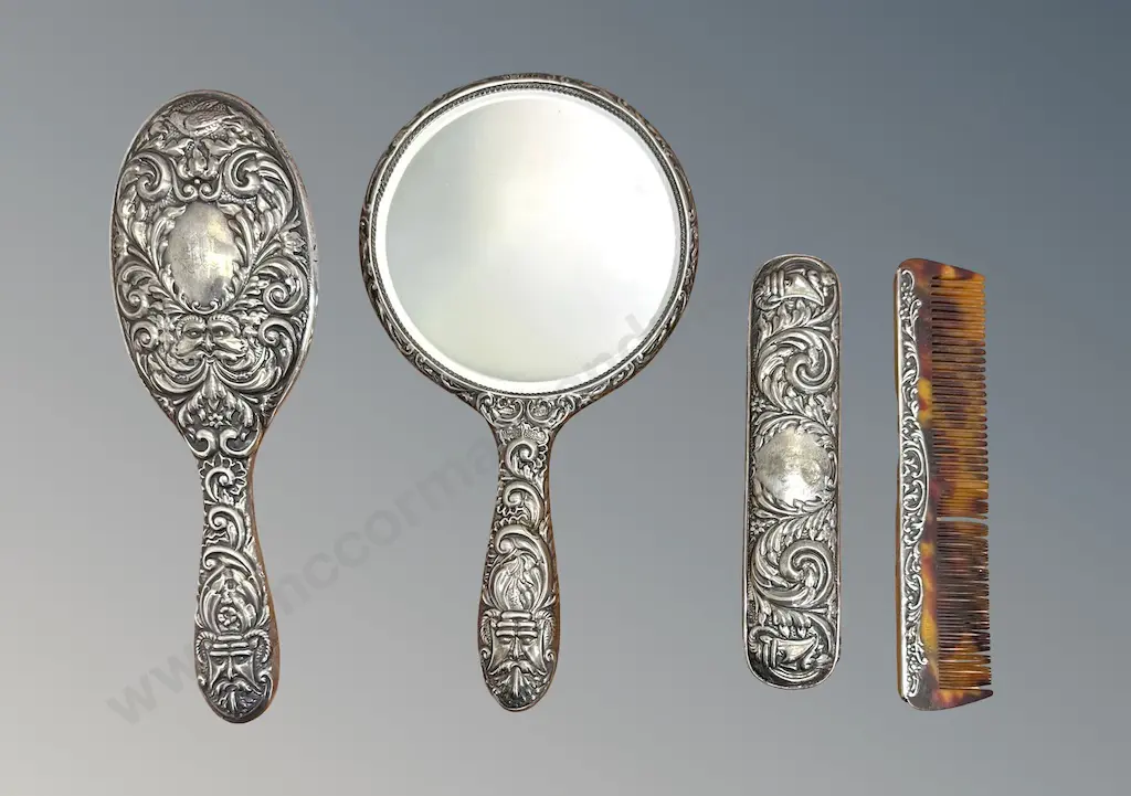 Sterling Silver Dressing Table Mirror and Hairbrush, Clothes Brush and Comb, Birmingham 1968, TW541gms Image 1++