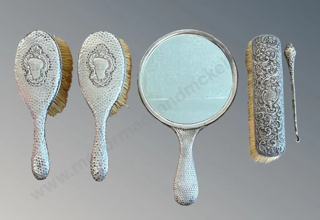 Sterling Silver Dressing Table Set, Brushes (3), Mirror and Boot Hook Image 1++