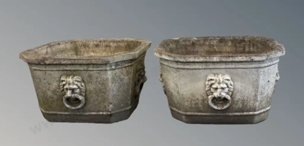 Pair of Concrete Planters with Lionshead Motifs and Handles, 1AF to rim, L54xH32cm Image 1++
