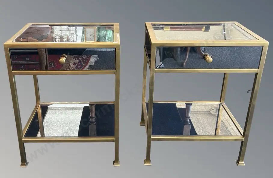 Pair of Brass and Distressed Mirrored Glass Bedside Tables, Single Drawer H62xD33xW45.5cm Image 1++