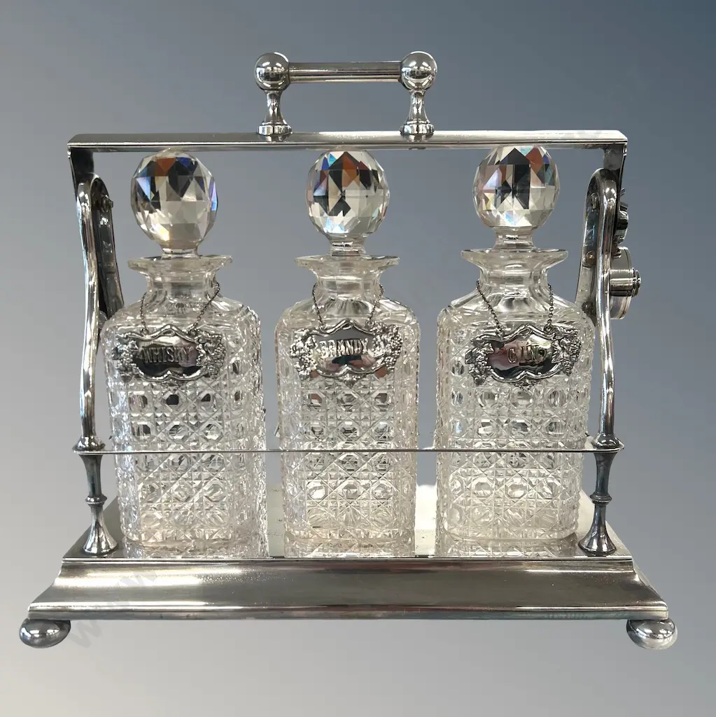 Three Decanter and Silver Plate Tantalus Image 1++