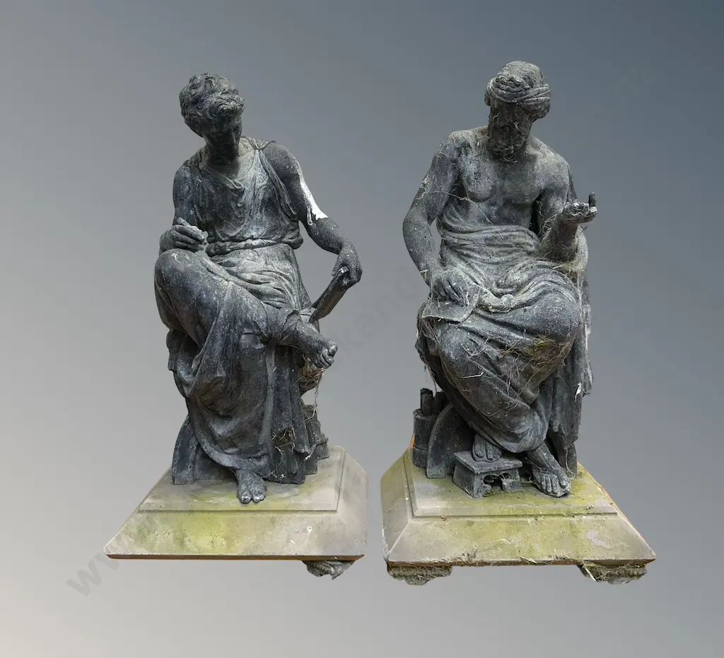 Pair of Spelter Grecian Gods on Stone Plinths H37cm (AF Fingers) Image 1++