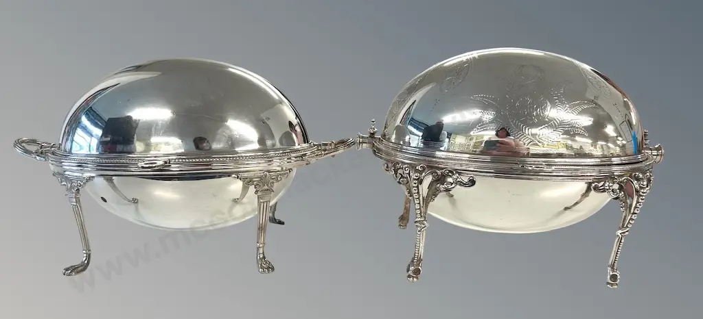 Pair of Silver Plate Revolving Chafing Dishes Image 1++