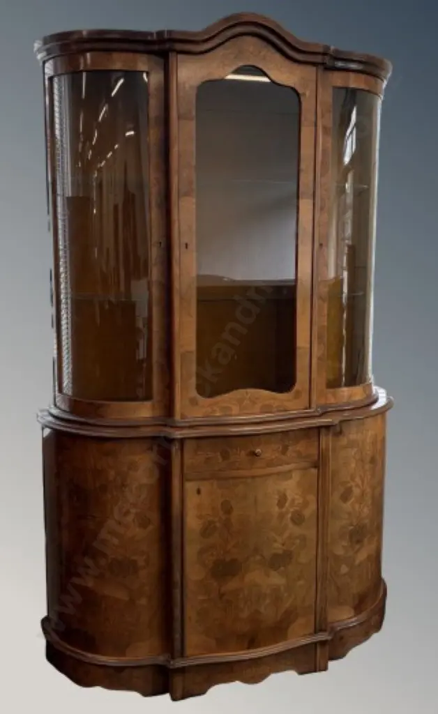 Burr Walnut Bow Front Display Cabinet with Floral Marquetry, Six Doors and One drawer H200xL120xD40cm Image 1++