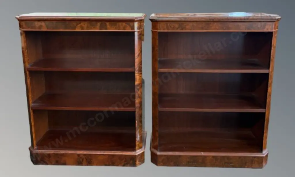 Pair of Burr Walnut Adjustable Shelf Three Tier Bookcases H98xL78xD29cm Image 1++