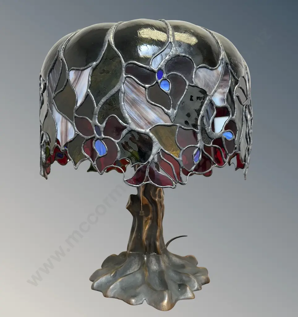 Large John Britten Lamp with Brass Tree Trunk Base and Original Stained Glass Leadlight Shade (A/F), H50xD43cm Image 1++