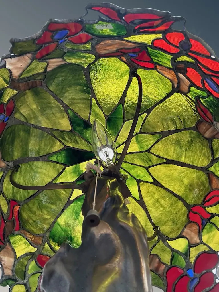 Large John Britten Lamp with Brass Tree Trunk Base and Original Stained Glass Leadlight Shade (A/F), H50xD43cm Image 1++