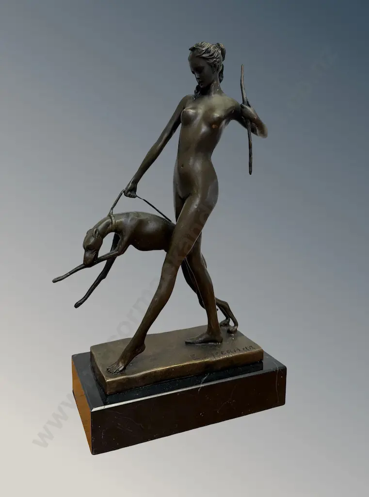 Bronze Nude Woman and Greyhound Figure on Marble Base, signed E. McCartan, H32cm Image 1++