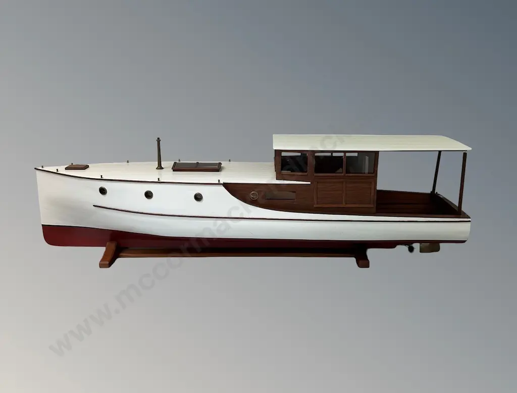 Kauri & Mahogany 1930's Bridgedecker Launch, 'Merna' L95cm, w/ motor intended as a working vessel, made by Paul Lawrence Image 1++