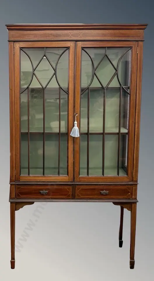 Mahogany Display Cabinet with Ebony and Fruitwood Stringing with Astragal Glazed Doors and Two Drawers H168xW91xD32cm Image 1++