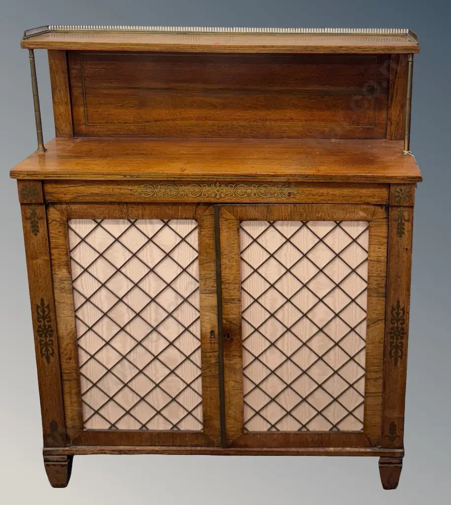 Mahogany Two Door Fretwork Cabinet with Brass Gallery and Inlay, H111xW92xD29cm Image 1++