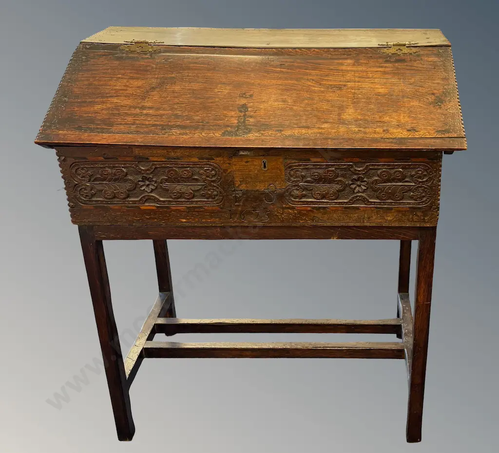 Early Oak Desk with Two Drawer Footed Interior and Carved Panels and Later Base, H93xW84xD52cm Image 1++