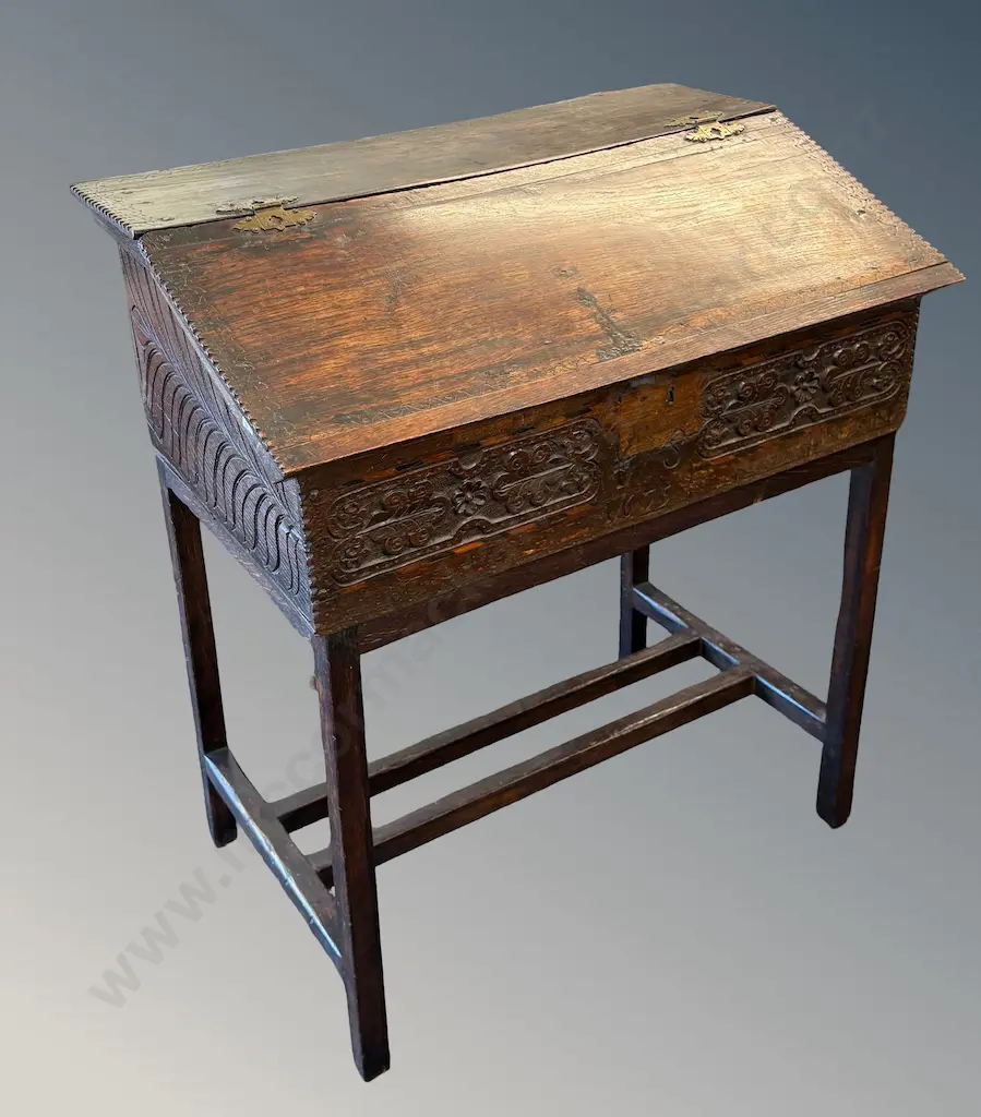 Early Oak Desk with Two Drawer Footed Interior and Carved Panels and Later Base, H93xW84xD52cm Image 1++