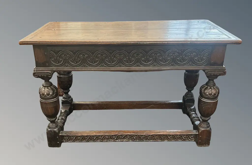 Oak Heavily Carved Table on Bulbous Legs with Stretcher Base L122xH76xD66cm Image 1++