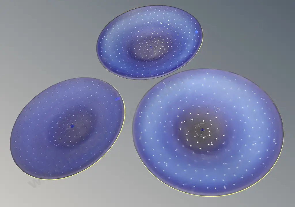 Three Large Signed Garry Nash Art Glass Light Shades, Blue with Yellow Rim D44cm, 50cm, 48cm Image 1++