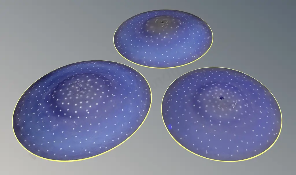 Three Large Signed Garry Nash Art Glass Light Shades, Blue with Yellow Rim D44cm, 50cm, 48cm Image 1++
