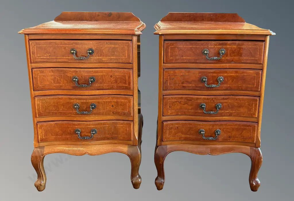 Pair of Burr Walnut Serpentine Front Nightstands, 4 Drawer with Fruitwood Inlay & Brass Pulls H67xW46xD40cm Image 1++