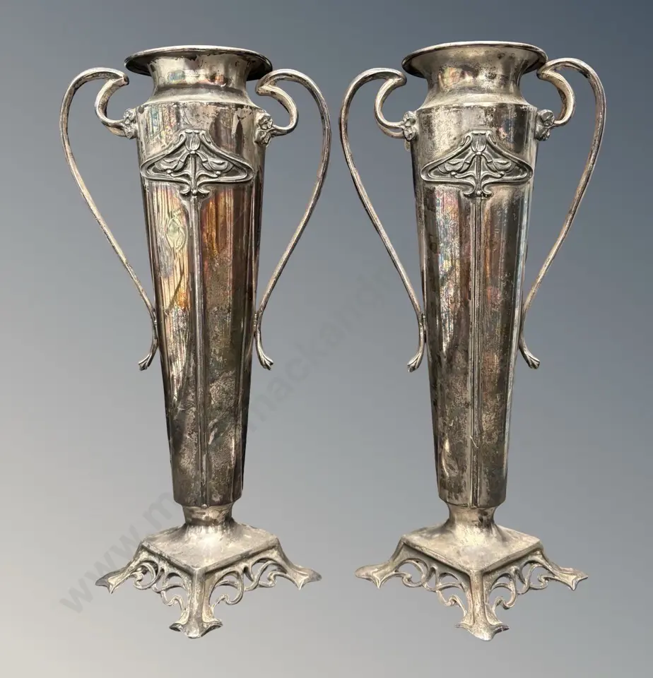 Pair of Art Nouveau Silver Plated Trophy Vases H30cm Image 1++