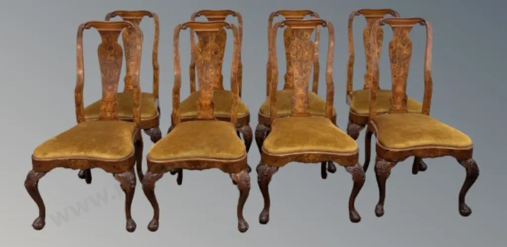 Set of Eight Burr Walnut Chairs with Decorative Bird and Flower Fruitwood inlay on Carved Legs Image 1++