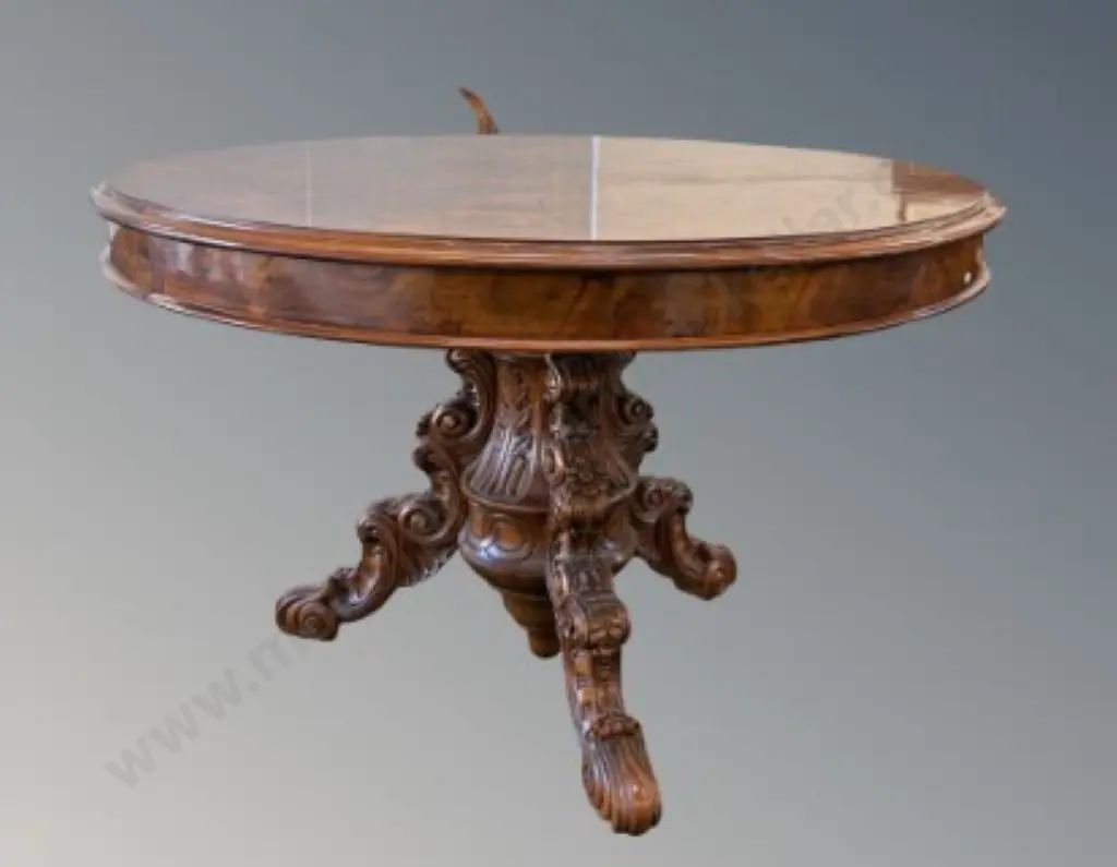 Burr Walnut Circular Table with Decorative Bird & Flower Fruitwood inlay on Carved Three Point Pedestal Base H80xD130cm Image 1++