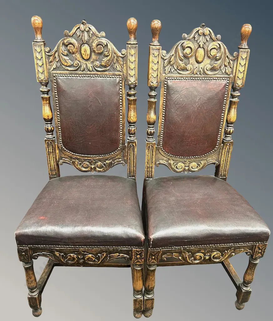 Pair of Carved Oak Hall Chairs with Leather Upholstery Image 1++