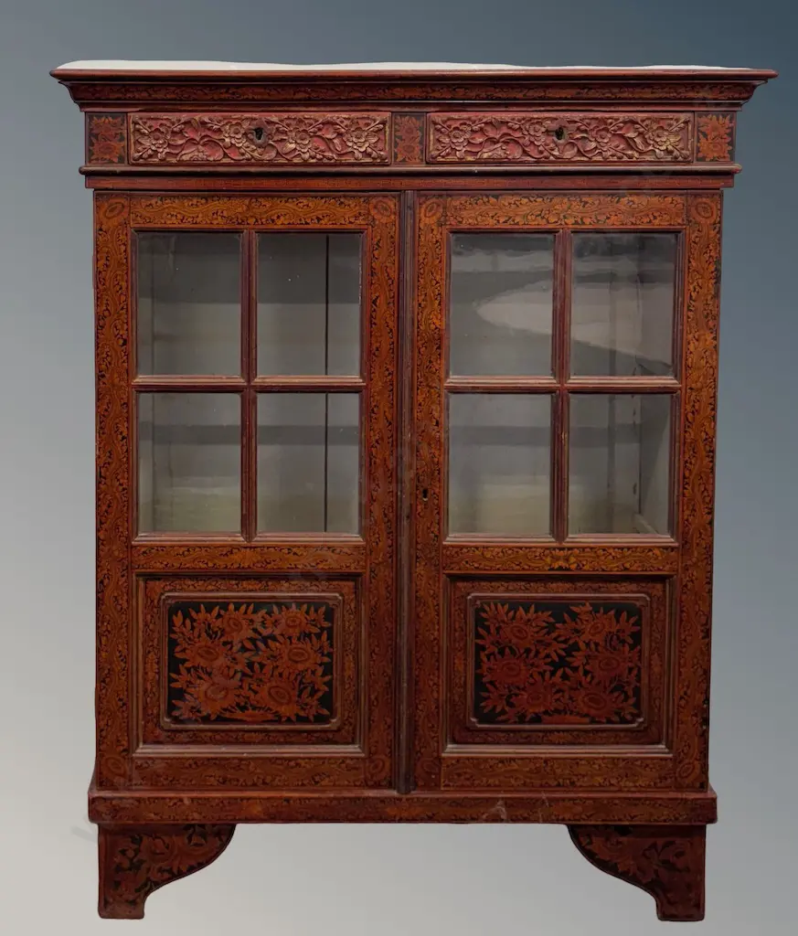 Rosewood Two Glazed Door Cabinet with Floral Inlay and Carved Panels L96xD43xH120cm Image 1++