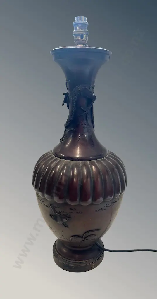 Oriental Metal Table Lamp with Dragon, Bird and Floral Motif, H56cm Image 1++