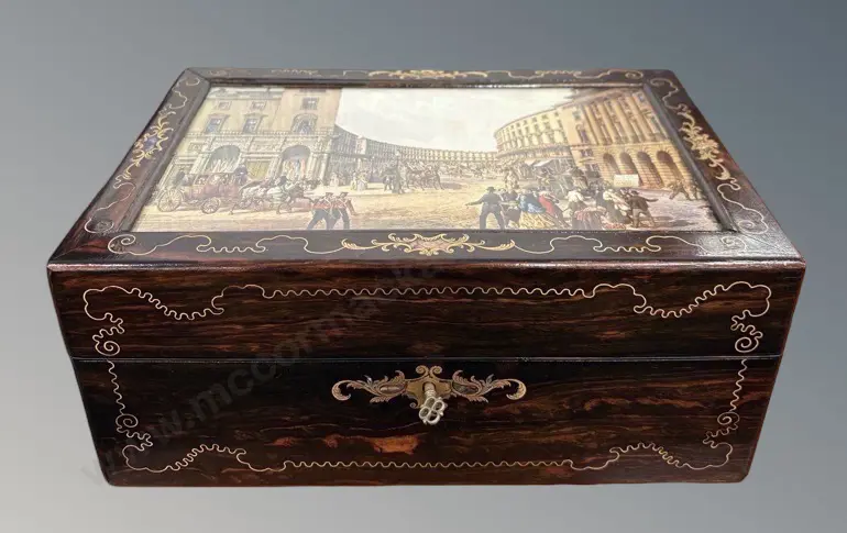 Victorian Rosewood Box with Fabric Fitted Interior, London Scene on Lid Image 1++