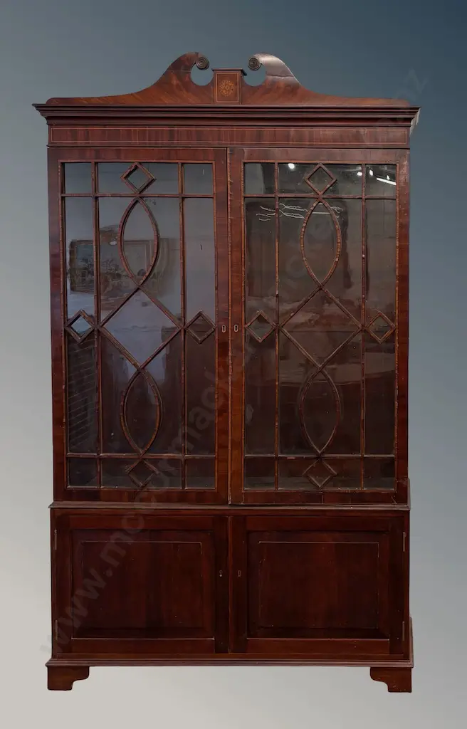 Mahogany Two Glazed Door Cabinet with Fretwork Finish (AF), H210xW118xD31cm Image 1++