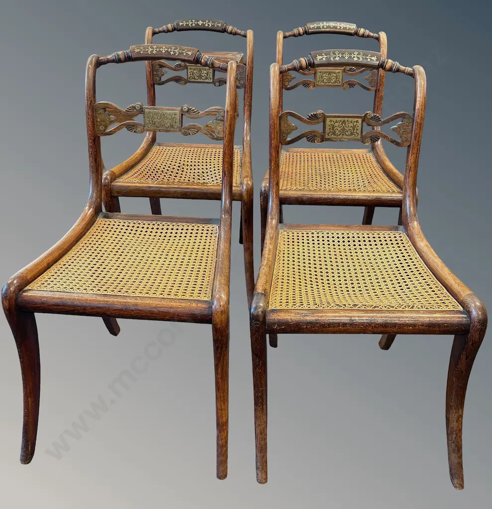 Four Oak Chairs with Brass Inlay & Sabre Legs AF to cane seats Image 1++